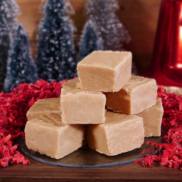 Reduced Sugar Peanut Butter Fudge from Uranus stacked with Christmas decor
