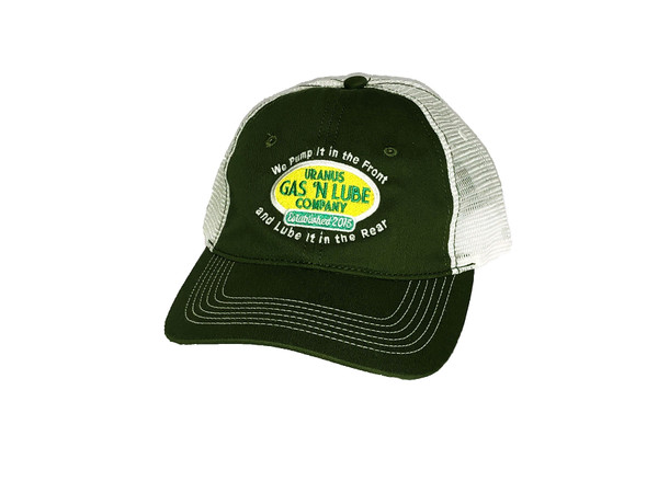 A dark green and white trucker hat featuring an embroidered Uranus Gas 'N Lube logo Uranus Fudge Factory.