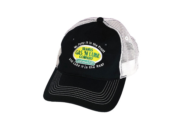 A black and white trucker hat against a white background. The front black panels and brim feature white contrast stitching, while the back panels are made of white mesh. The front is embroidered with a yellow oval reading "URANUS GAS 'N LUBE COMPANY" in green text, with a small teal "Established 2015" badge below it.