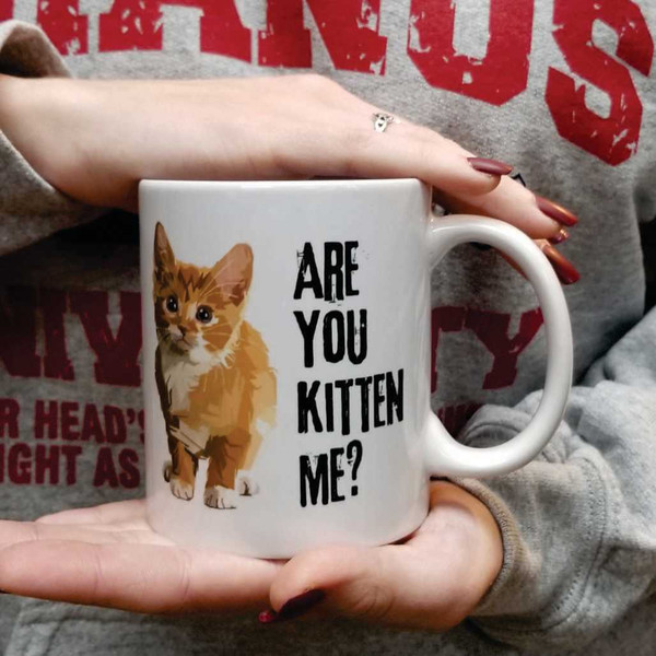 A pair of hands with dark red nail polish holds a white ceramic coffee mug in front of a person's chest. Printed on the left side of the mug is a stylized illustration of a small orange and white kitten looking forward. Next to the kitten, stacked in a distressed black font, is the text: "ARE YOU KITTEN ME?". The person in the background is wearing a heather grey sweatshirt with distressed red text that partially reads "URANUS".