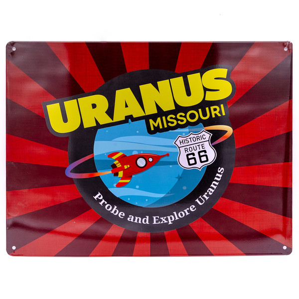 Uranus Missouri retro space metal sign featuring a rocket graphic over a red sunburst background Uranus Fudge Factory.