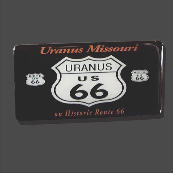 Uranus Missouri Route 66 novelty magnet featuring a classic shield highway logo design over a dark gray background Uranus Fudge Factory.