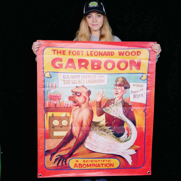 Ft. Leonard Wood Garboon sideshow banner featuring a baboon and gar fish hybrid from Uranus Fudge Factory