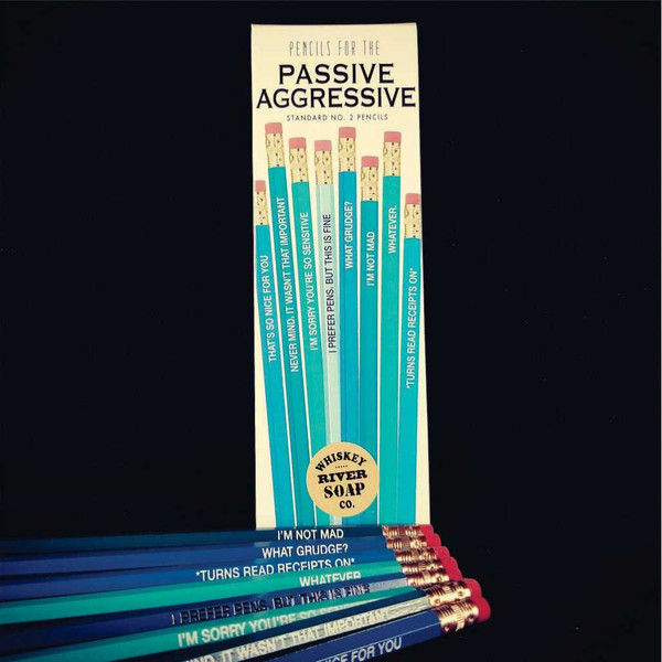 Packaged set of blue Pencils for the Passive Aggressive next to loose pencils.