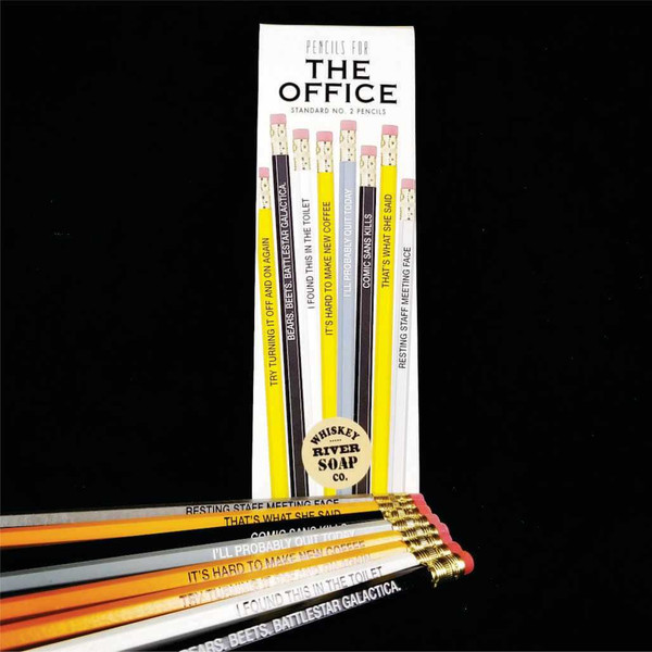 A boxed set of Pencils for The Office shown with loose novelty pencils fanned out on black