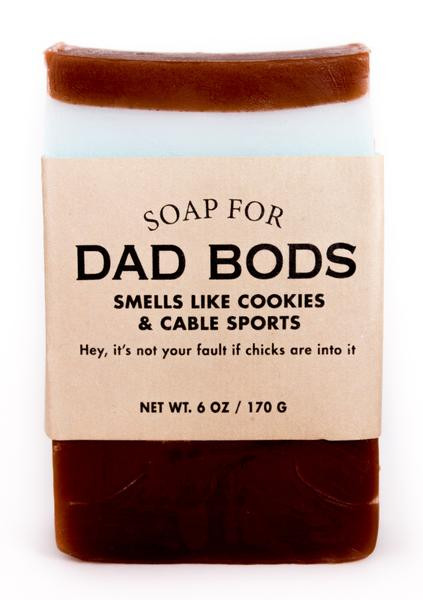 A bar of brown and white layered Soap for Dad Bods novelty bar soap from Uranus Fudge Factory