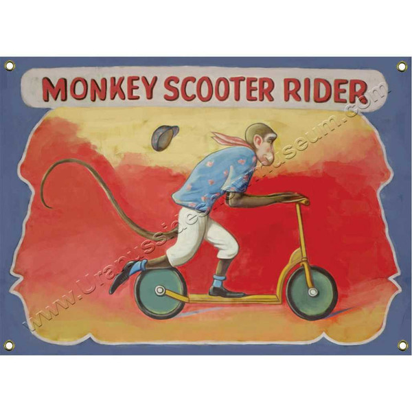 Vintage style Monkey Scooter Rider illustration sideshow banner graphic from Uranus Fudge Factory