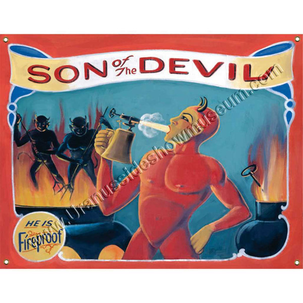 Vintage style Son of the Devil carnival sideshow banner illustration graphic from Uranus Fudge Factory