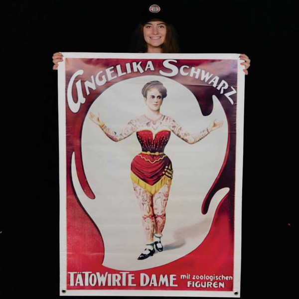 Angelika Schwarz sideshow banner displayed for scale at the Uranus Sideshow Museum