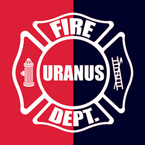 The design is a circular seal with a traditional fire department crest in the center. Text reads "URANUS FIRE DEPT" 