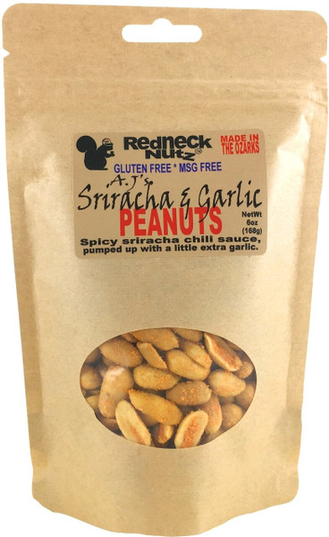 A 6 oz resealable bag of Sriracha & Garlic Redneck Nutz.