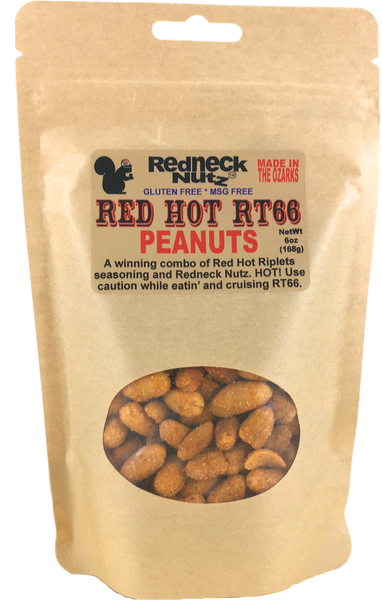 A 6 oz resealable bag of Red Hot Route 66 Redneck Nutz. 