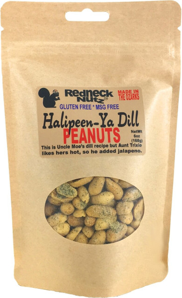 Halipeen-Ya Dill Peanuts pouch with a clear window showing seasoned snacks inside by Uranus Fudge Factory.