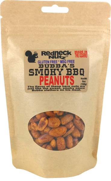Smoky BBQ Peanuts pouch with a clear window showing seasoned snacks inside by Uranus Fudge Factory.