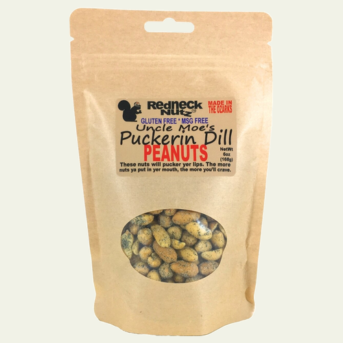 Puckerin Dill Peanuts pouch with a clear window showing herb-seasoned snacks inside by Uranus Fudge Factory.