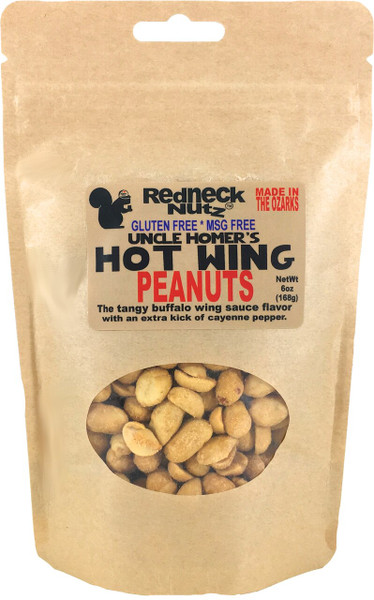 Hot Wing Peanuts pouch with a clear window showing buffalo sauce flavored snacks inside by Uranus Fudge Factory.