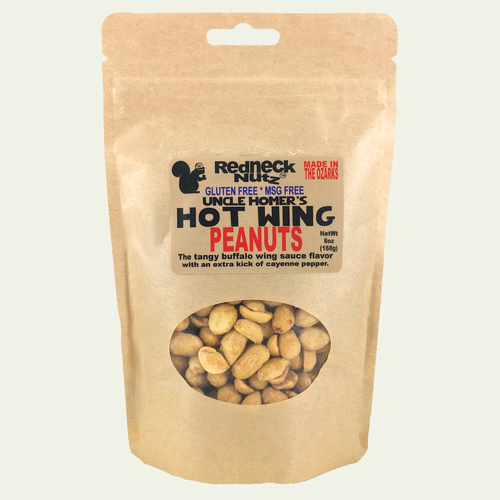 Hot Wing Peanuts pouch with a clear window showing buffalo sauce flavored snacks inside by Uranus Fudge Factory.