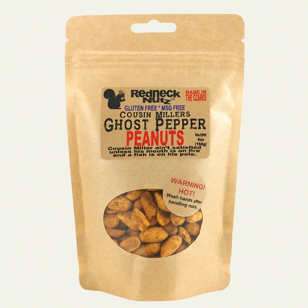 Ghost Pepper Peanuts pouch with a clear window showing seasoned snacks inside by Uranus Fudge Factory.