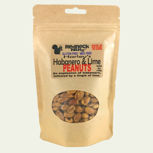 Habanero & Lime Peanuts pouch with a clear window showing seasoned snacks inside by Uranus Fudge Factory.