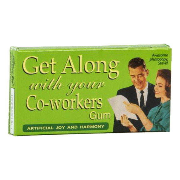 Green chewing gum box featuring a vintage co-worker illustration against a white background.