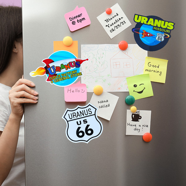 Uranus US 66 shield souvenir logo magnet displayed on a refrigerator from Uranus Fudge Factory