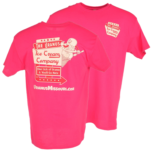 Front and back view of a bright pink t-shirt for "The Uranus Ice Cream Company." The front features a small, retro-style sign logo on the left chest. The back displays a large version of the vintage sign next to a smiling, cartoon ice cream cone holding a spoon.