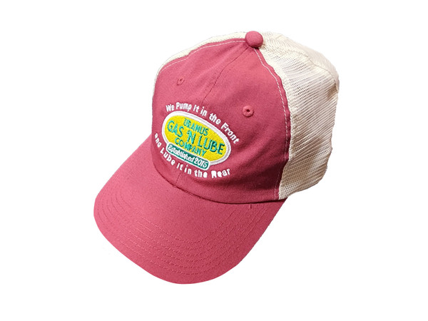 A red and white trucker hat against a plain white background. The front red panels feature white contrast stitching, while the back panels are made of white mesh. The front is embroidered with a yellow oval reading "URANUS GAS 'N LUBE COMPANY" in cyan text, with a small teal "Established 2015" badge below it.