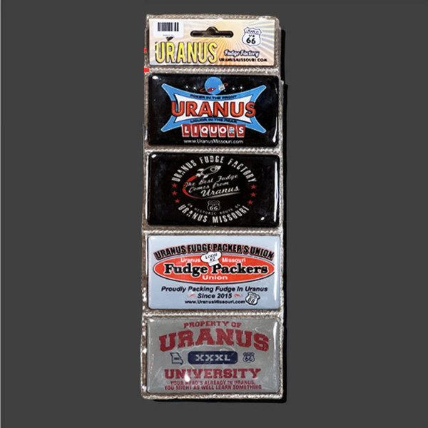 "Magnet Set #3" 4-piece 2x3 inch metal souvenir magnet pack from Uranus Fudge Factory