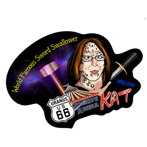 Katya Kadavera sword swallower sticker illustrated on a solid white background from Uranus Fudge Factory
