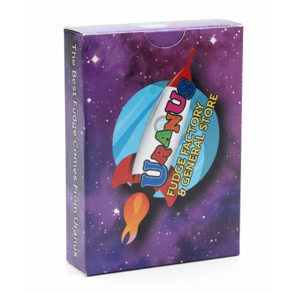 Playing card box featuring a space and rocket design against a white background by Uranus Fudge Factory.