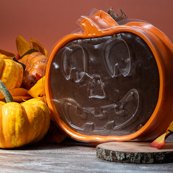 Uranus chocolate fudge in a pumpkin-shaped mold.