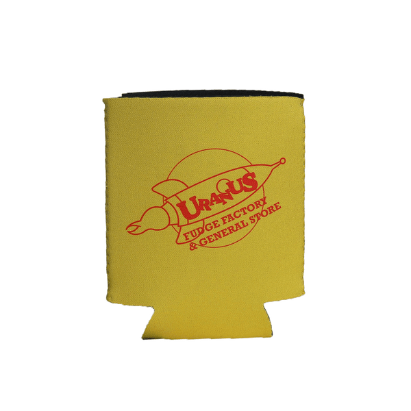 Yellow can cooler displaying a red rocket ship logo by Uranus Fudge Factory.