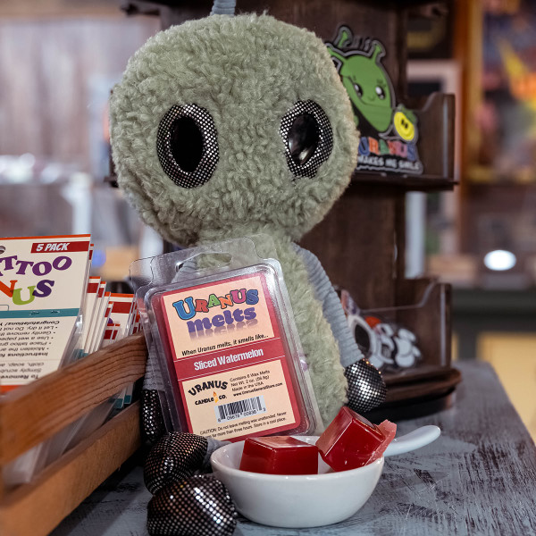 Sliced Watermelon wax melts pack leaning against an alien plush doll from Uranus Fudge Factory.