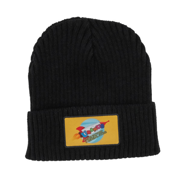 Black ribbed knit winter beanie hat with rectangular rocket logo patch from Uranus Fudge Factory.