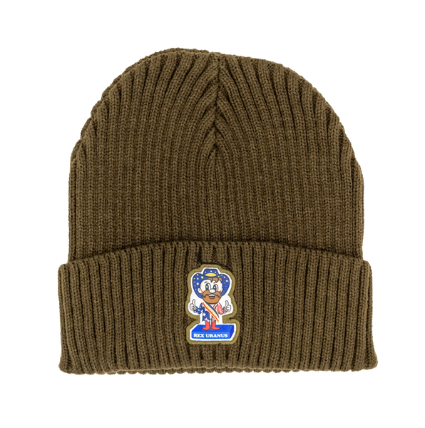 A solid olive green ribbed knit beanie displayed against a plain white background. Sewn onto the front of the folded cuff is a custom-shaped patch featuring a cartoon mascot. The mascot is a smiling man with a brown beard giving two thumbs up. He is wearing a starry blue cowboy hat, a matching starry blue shirt, a red and white striped sash, and red boots. He stands on a solid blue rectangular base that reads "REX URANUS" in white text.