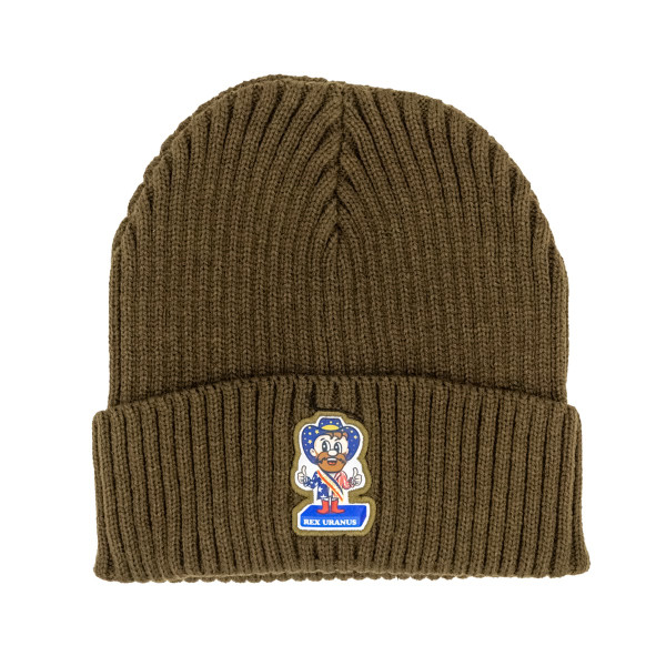 Olive green ribbed knit winter beanie hat with a Rex Uranus mascot logo patch from Uranus Fudge Factory.