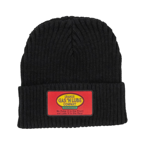 Black ribbed knit winter beanie with red Gas 'N Lube logo patch from Uranus Fudge Factory.