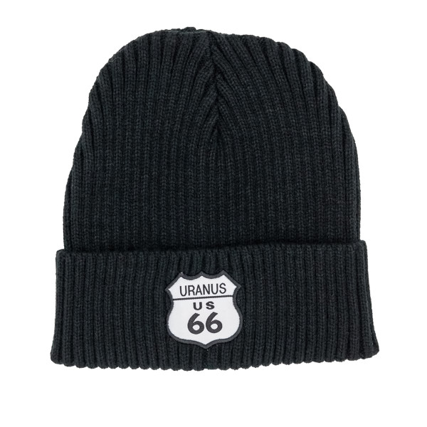 Black ribbed knit winter beanie with white Route 66 shield logo patch from Uranus Fudge Factory.