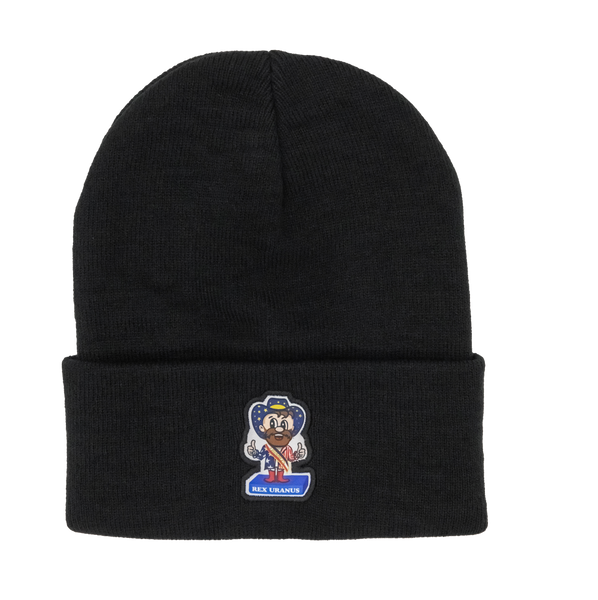 A solid black knit beanie displayed against a plain white background. Sewn onto the front of the folded cuff is a custom-shaped patch featuring a cartoon mascot. The mascot is a smiling man with a brown beard giving two thumbs up. He is wearing a starry blue cowboy hat, a matching starry blue shirt, a red and white striped sash, and red boots. He stands on a solid blue rectangular base that reads "REX URANUS" in white text.