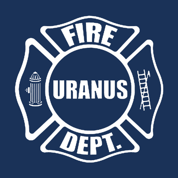 White Uranus Fire Dept. Maltese cross logo graphic on navy background by Uranus Fudge Factory.