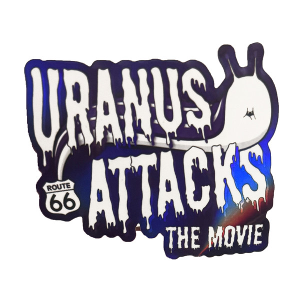 Purple "Uranus Attacks The Movie" dripping logo with alien snail and Route 66 die-cut sticker from Uranus Fudge Factory