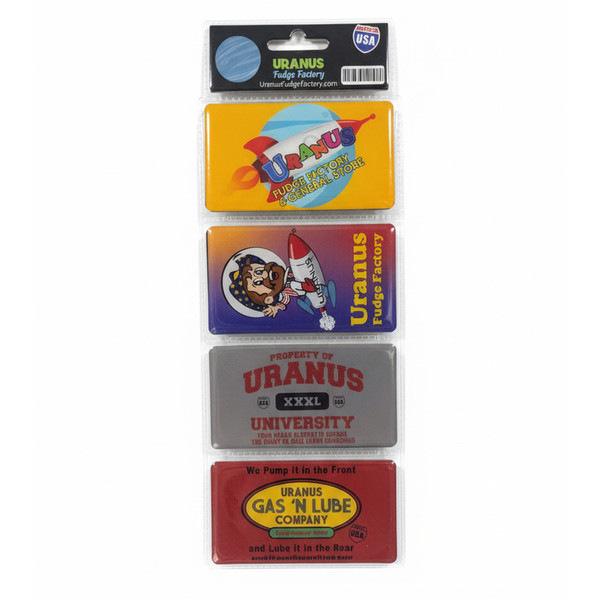 Pack of four Uranus magnets featuring designs for Uranus Fudge Factory & General Store, Uranus Fudge Factory, Uranus University, and Uranus Gas ’N Lube Company, arranged on retail display card.