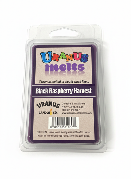 Package of Uranus Melts Black Raspberry Harvest wax melts, labeled “If Uranus melted, it would smell like…” with six purple wax cubes inside a clear plastic clamshell. Made by Uranus Candle Co., USA.