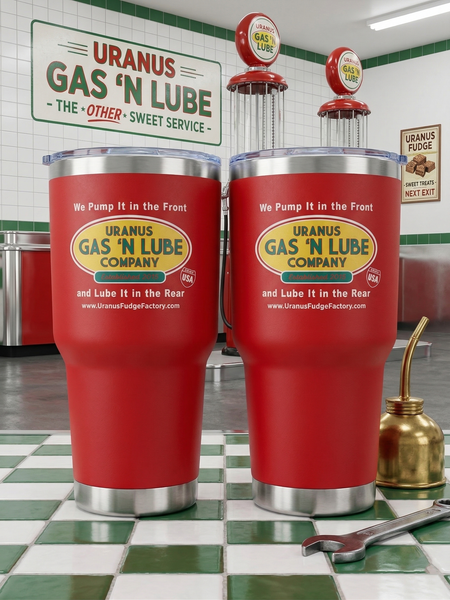 Red Uranus Gas N Lube insulated tumbler with retro gas station design displayed in vintage service station setting with pumps and tools.