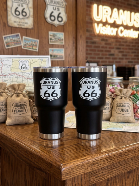 Black Uranus Route 66 stainless steel tumbler with highway shield design on clean white background.