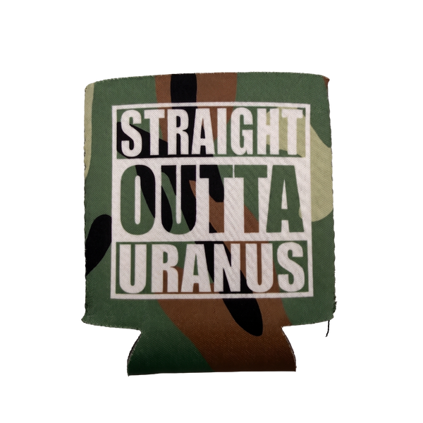 Reverse side of the camo can koolie with a bold "Straight Outta Uranus" block-letter graphic in white