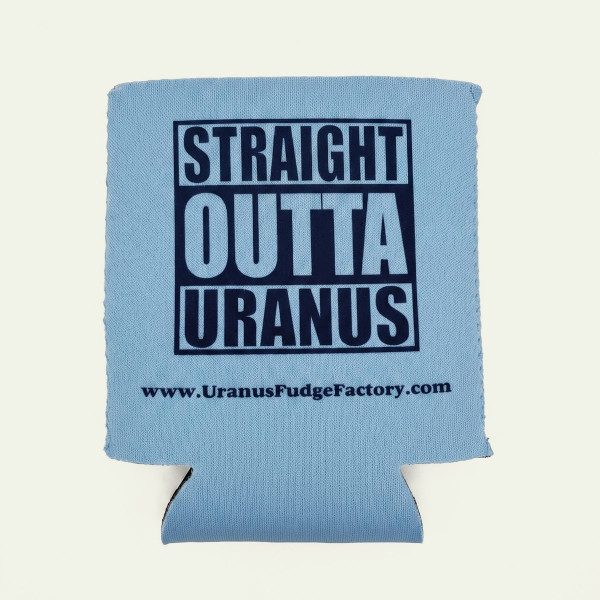"Straight Outta Uranus" light blue can koolie front view from Uranus Fudge Factory