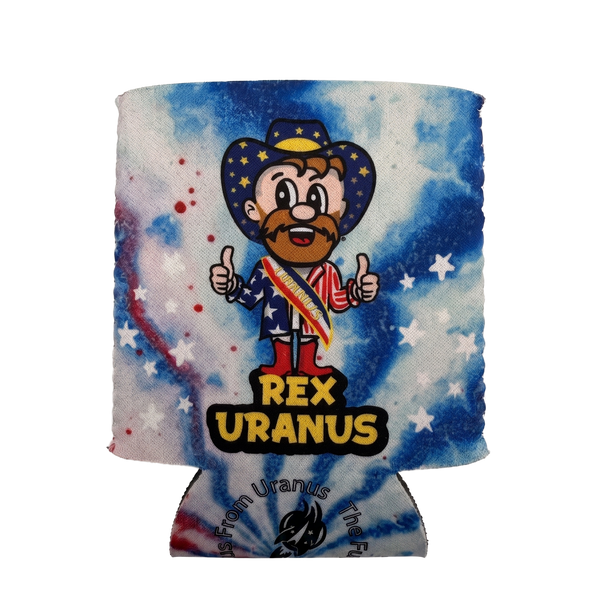 Red, white, and blue tie-dye can koolie featuring the Rex Uranus mascot in a star-spangled cowboy hat giving two thumbs up