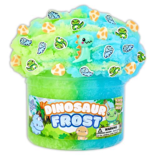 Green and blue Dinosaur Frost icee slime fluffed out of its jar, topped with dinosaur fimos, egg sprinkles, and a T-rex charm