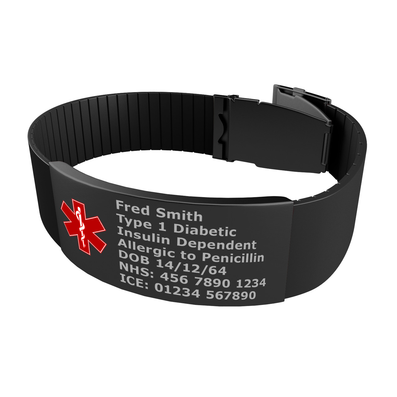 Medical Bracelet with Black Clasp / Tag Red Symbol